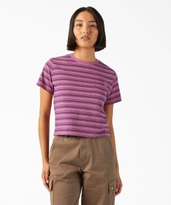 Women's Large Striped Cropped Pocket T-Shirt