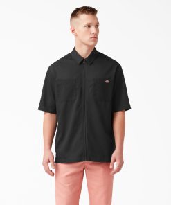 Mixed Media Zip Front Short Sleeve Work Shirt